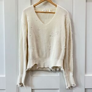 Helmut Lang Women’s XS Cream Wool Blend Oversized Distressed Sweater $425